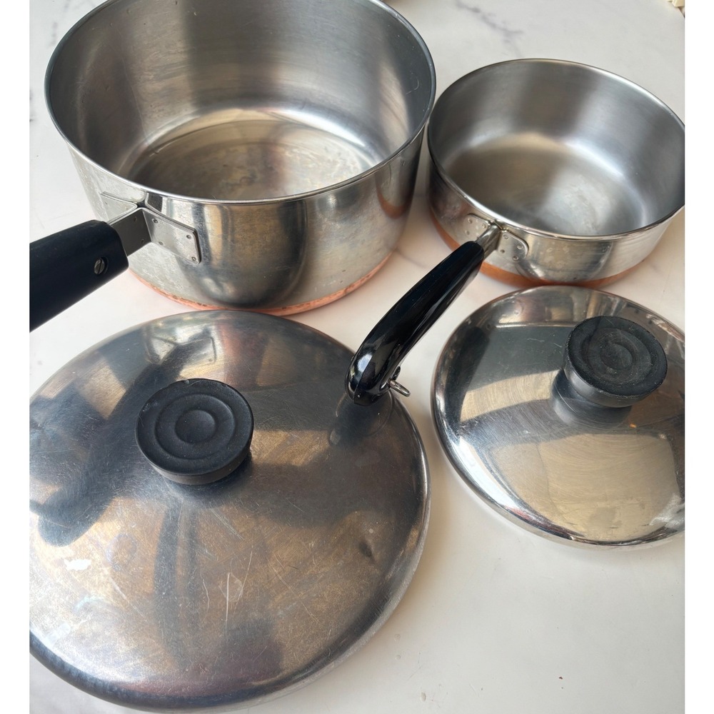 Vintage Revere Ware Copper Bottom Saucepan Set 2 Pots Lids 3/4 & 2 Qt USA